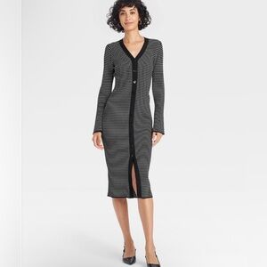 A New Day Black White Stripe Ribbed Midi Dress Button Front Bell Sleeves Lg New